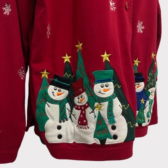 Bechamel Red Embroidered Snowman & Snowflakes Button Front Cardigan Size 2X - Picture 4 of 10